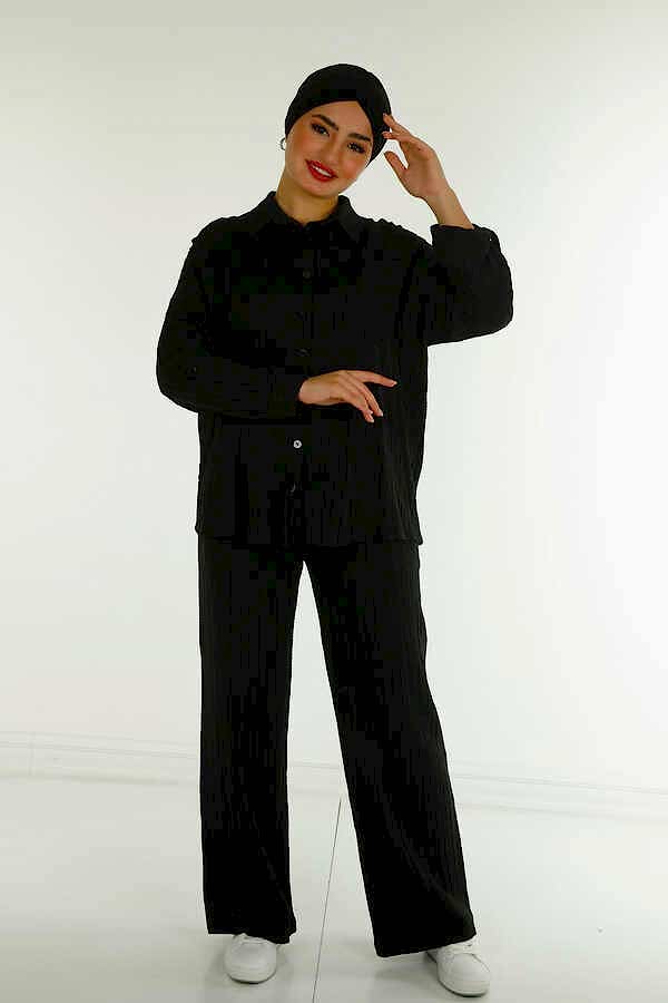 Reel Tekstil - Pamuk Likra Kumaş İle Üretilen Gömlek Pantolon Oversize Fitilli Kadın Giyim Üreticisi - 17710 | Reel Tekstil