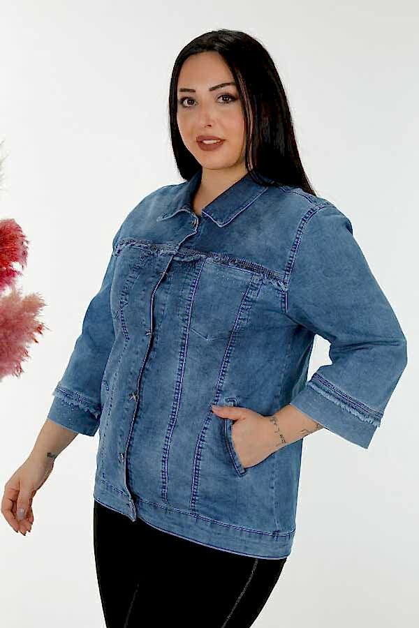 Reel Tekstil - Likra Örmeli İle Üretilen Taş İşlemeli Kot Ceket Kadın Giyim Üreticisi - 20373 | Reel Tekstil