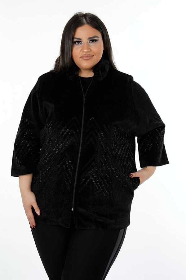 Reel Tekstil - 7GG Üretilen Viskon Yün Desenli Kaban Taş İşlemeli Kısa Kadın Giyim Üreticisi - 19104 | Reel Tekstil