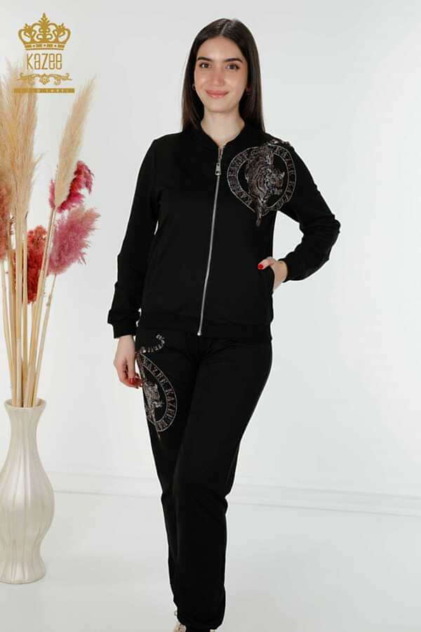 Reel Tekstil - Scuba ve İki İplikten Üretilen Eşofman Takım Kaplan Desenli Kadın Giyim Üreticisi - 17495 | Reel Tekstil