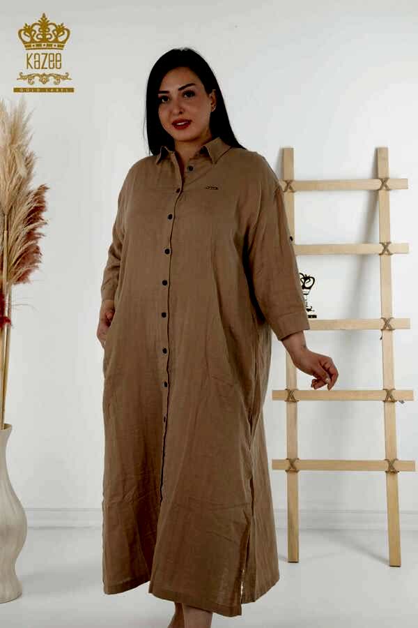 Reel Tekstil - Pamuk Likra Kumaş İle Üretilen Elbise Düğme Detaylı Kadın Giyim - 20405 | Reel Tekstil