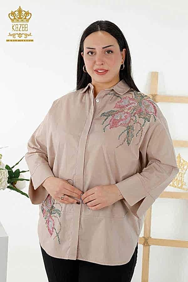 Reel Tekstil - Pamuk Likra Kumaş İle Üretilen Gömlek Çiçek Desenli Kadın Giyim Üreticisi - 17053 | Reel Tekstil