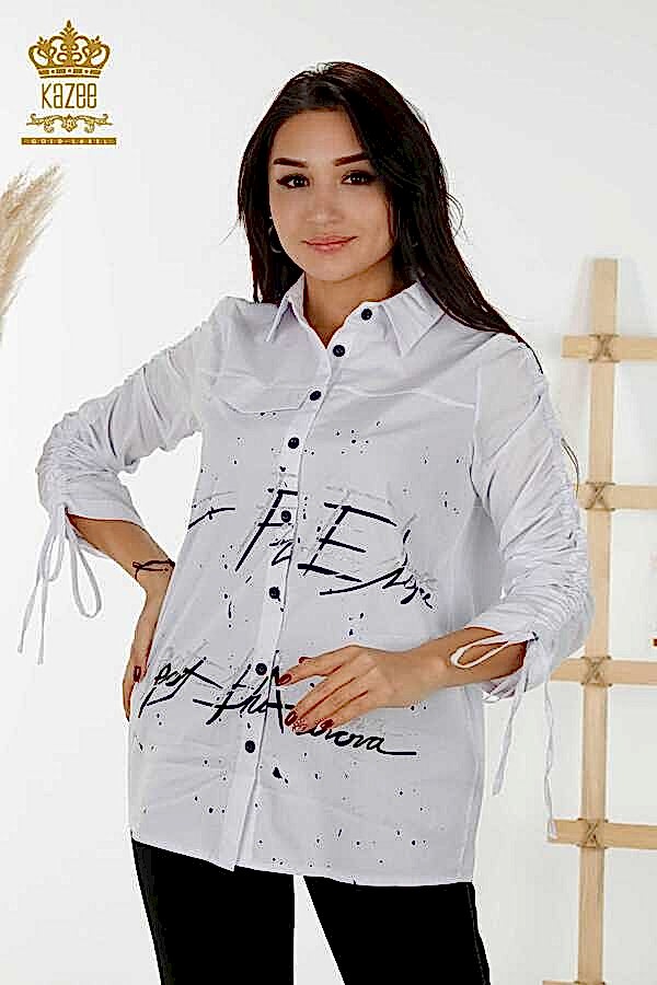 Reel Tekstil - Pamuk Likra Kumaş İle Üretilen Gömlek Kol Büzgü Detaylı Kadın Giyim Üreticisi - 20322 | Reel Tekstil