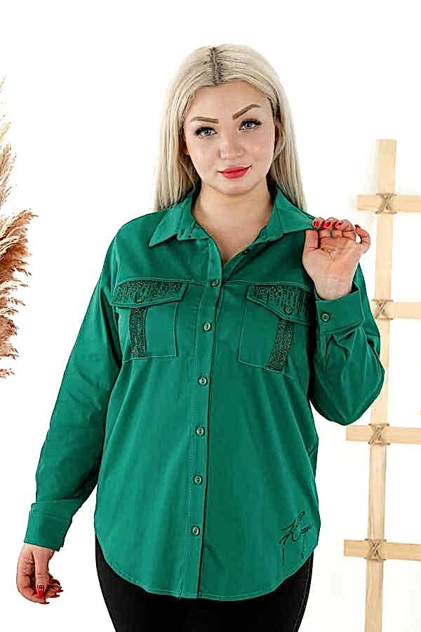 Reel Tekstil - Pamuk Likra Kumaş İle Üretilen Gömlek Kristal Taş İşlemeli Cepli Kadın Giyim - 20239 | Reel Tekstil