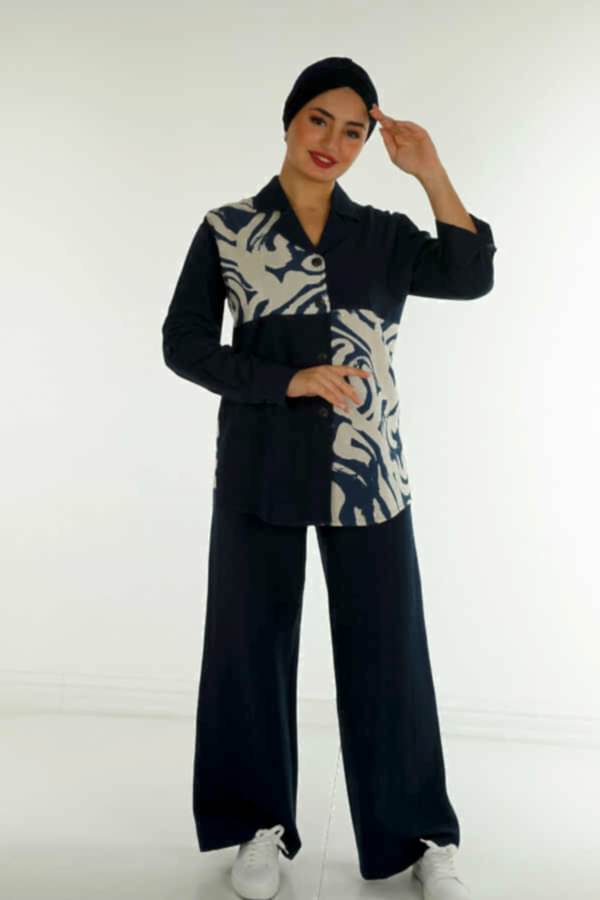 Reel Tekstil - Pamuk Likra Kumaş İle Üretilen Gömlek Pantolon Kapalı Takım Desenli Kadın Giyim Üreticisi - | Reel Tekstil