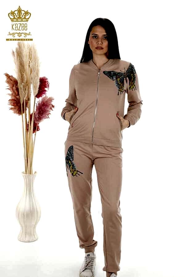 Reel Tekstil - Scuba ve İki İplikten Üretilen Eşofman Takım Kelebek Desenli Taş İşlemeli Kadın Giyim - 17492 | Reel Tekstil