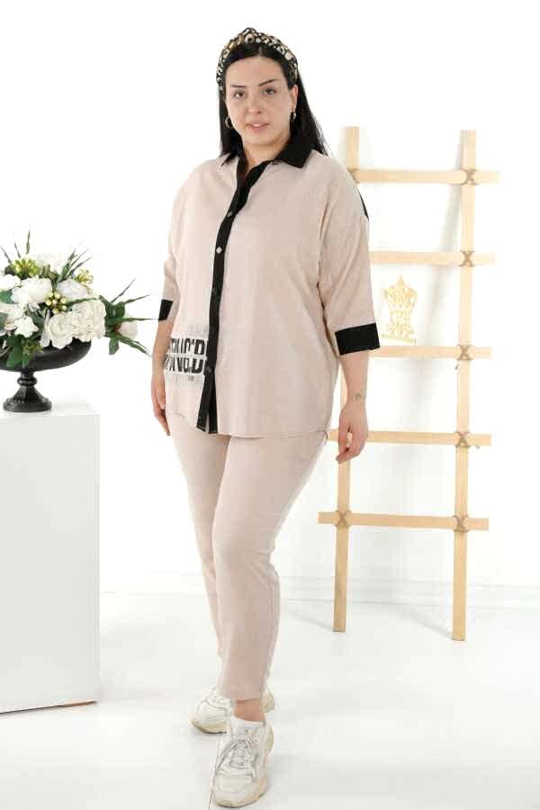 Reel Tekstil - Pamuk Likra Kumaş İle Üretilen Gömlek Pantolon Takım Desenli Kadın Giyim Üreticisi - 20332 | Reel Tekstil