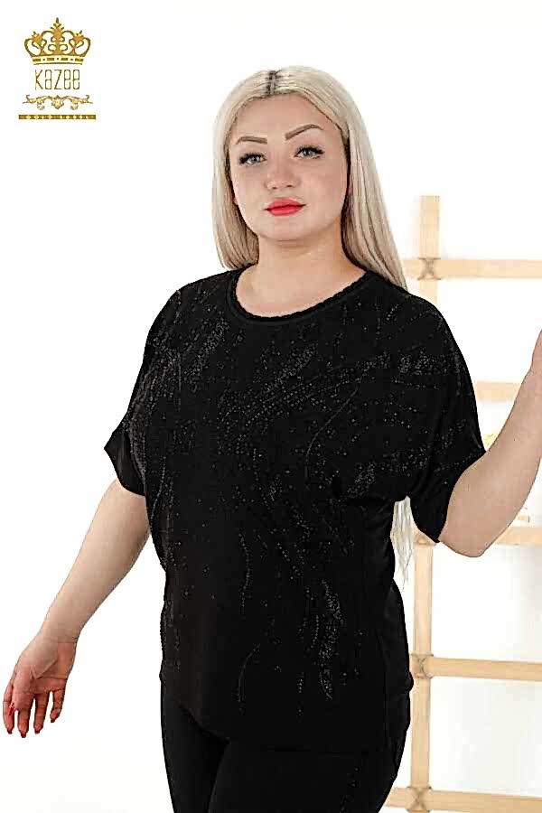 Reel Tekstil - Viskon Kumaş İle Üretilen Bluz Çiçek Desenli Kristal Taş İşlemeli Kadın Giyim - 79223 | Reel Tekstil