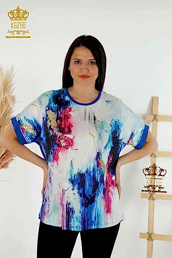 Reel Tekstil - Viskon Kumaş İle Üretilen Bluz Dijital Baskı ve Taş İşemeli Kadın Giyim - 12087 | Reel Tekstil