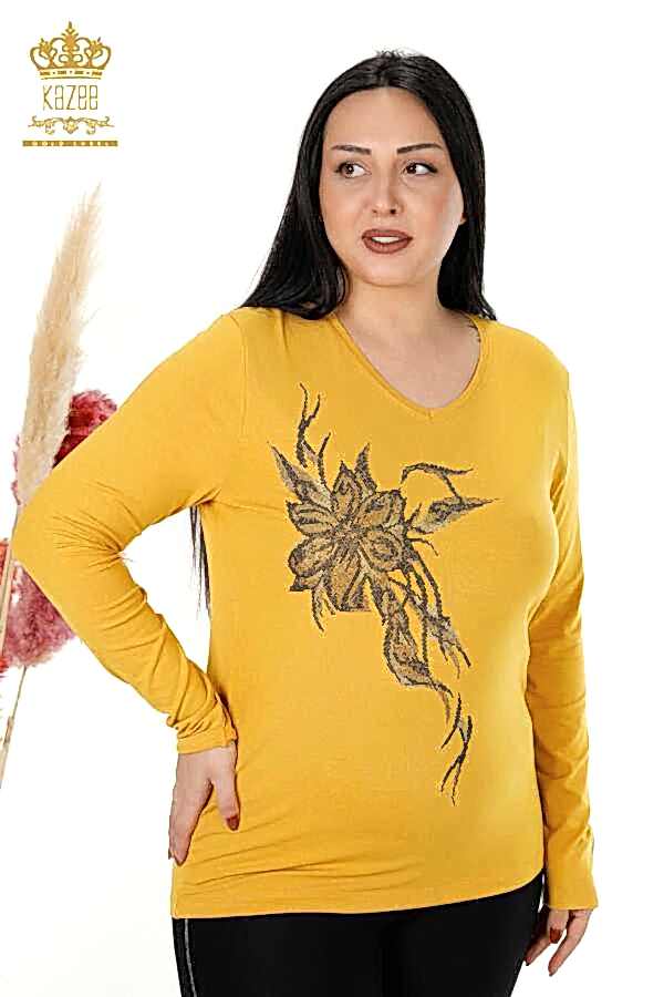 Reel Tekstil - Viskon Kumaş İle Üretilen Bluz V Yaka Kadın Giyim - 79048 | Reel Tekstil