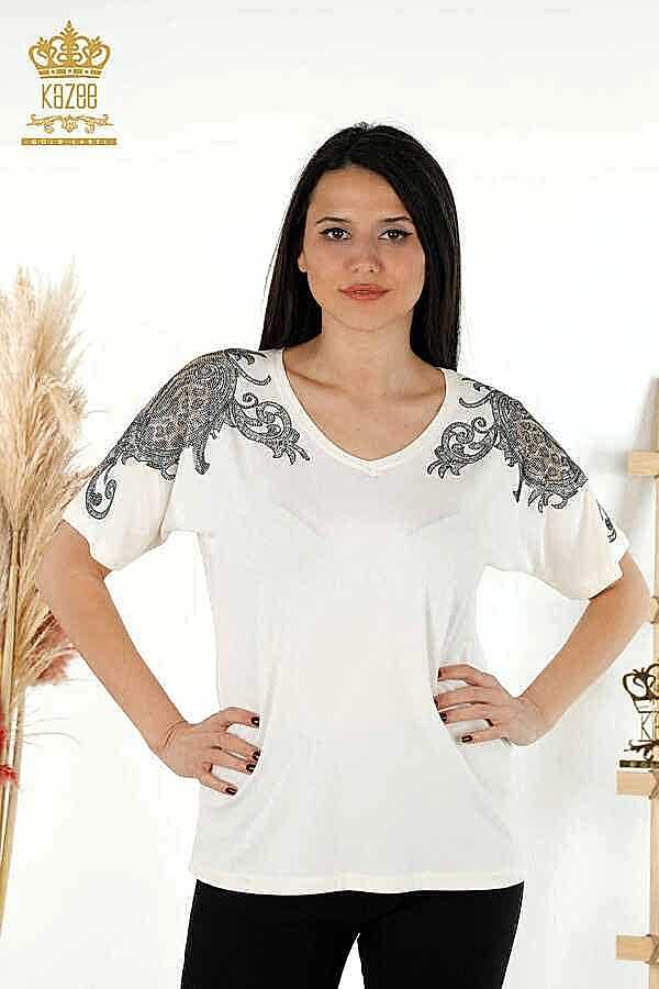 Reel Tekstil - Viskon Kumaş İle Üretilen Bluz V Yaka Kadın Giyim Üreticisi - 79054 | Reel Tekstil