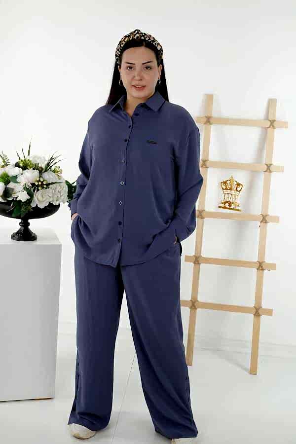 Reel Tekstil - Pamuk Likra Kumaş İle Üretilen Gömlek Pantolon Takım Cepli Kadın Giyim Üreticisi - 20320 | Reel Tekstil